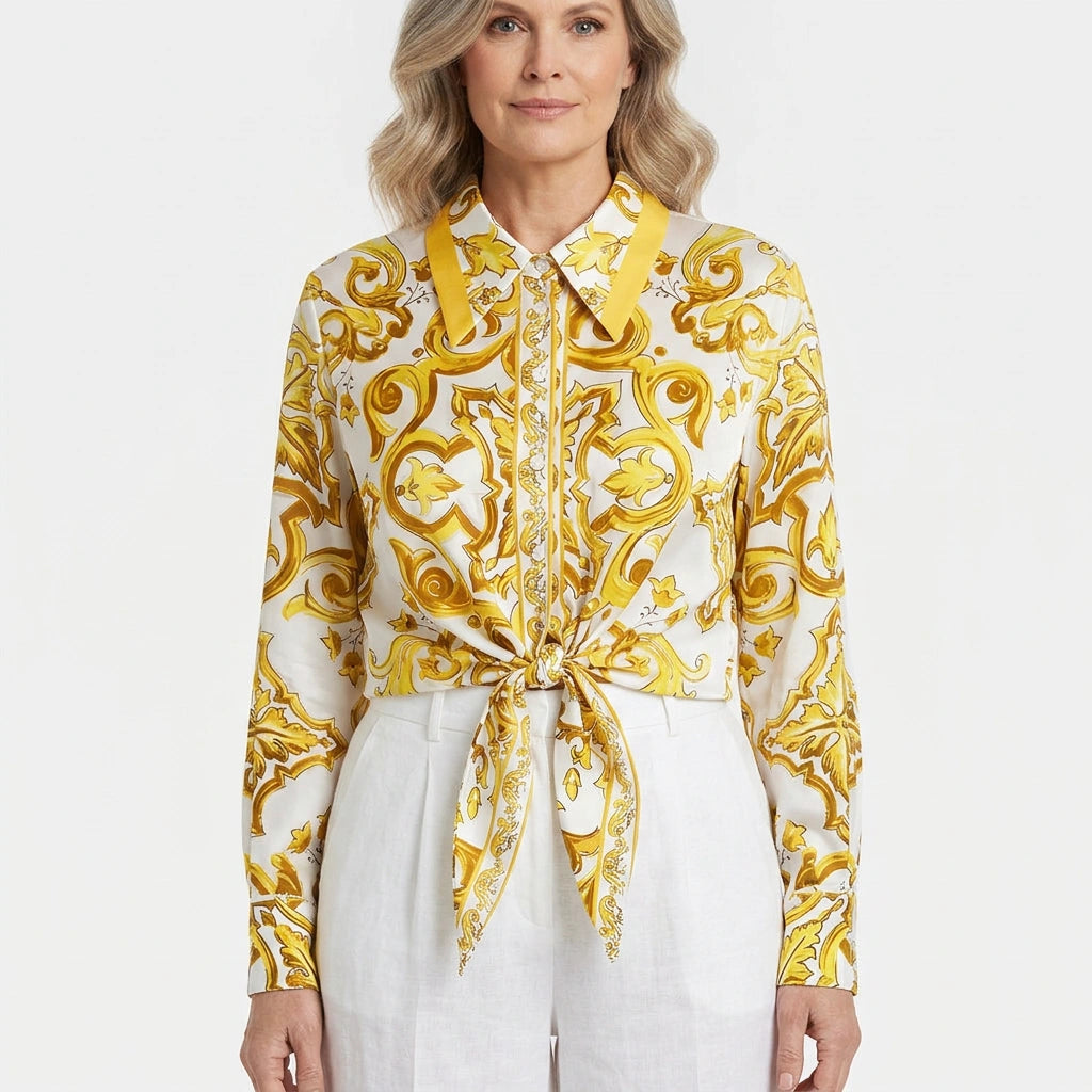 Yellow Majolica print long sleeve cotton shirt