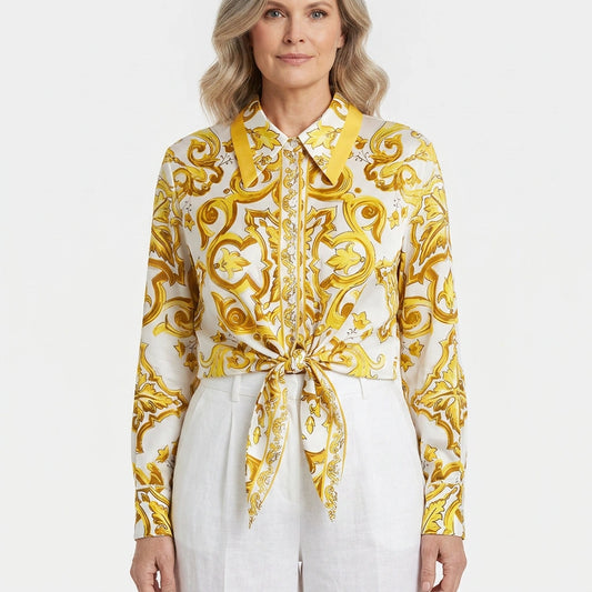 Yellow Majolica print long sleeve cotton shirt