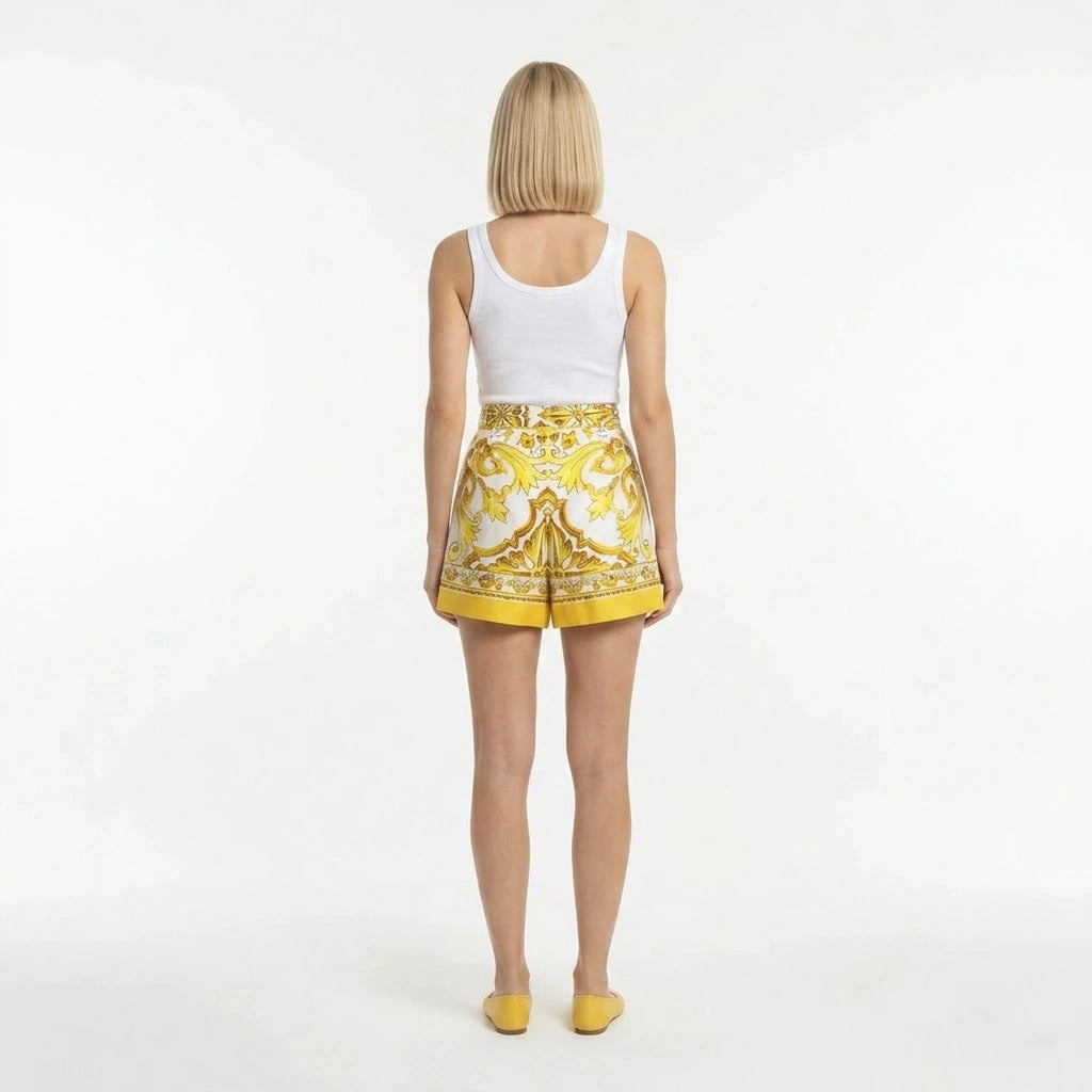 Yellow Majolica print cotton shorts