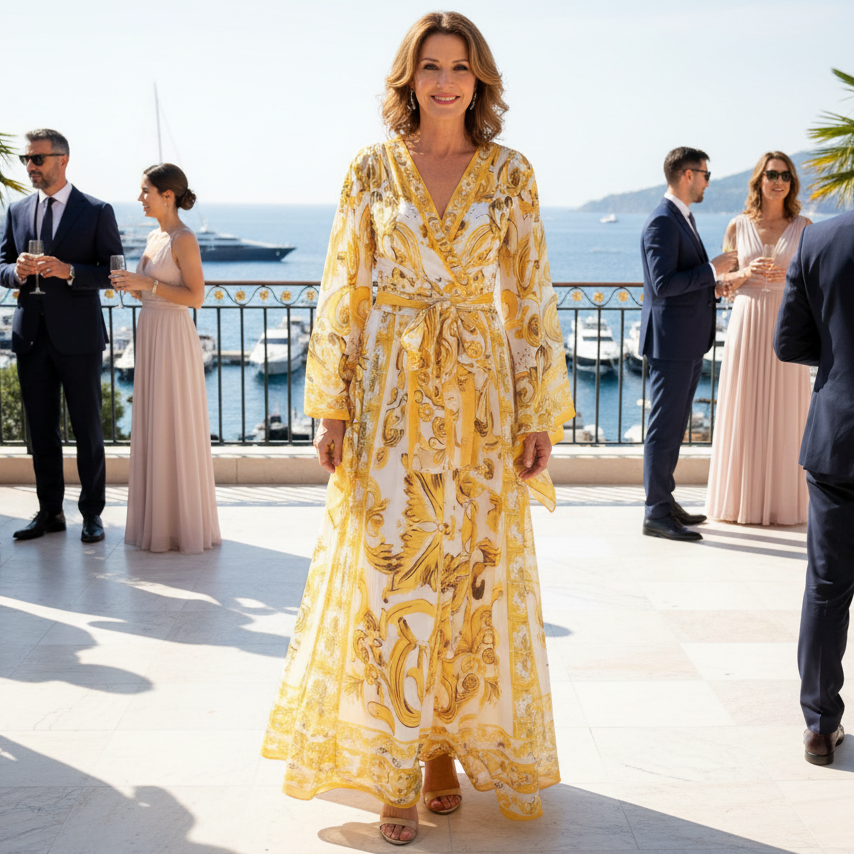Woman in a yellow dress standing on a balcony with ocean view, surrounded by people.
