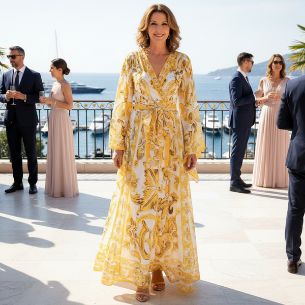 Woman in a yellow dress standing on a balcony with ocean view, surrounded by people.