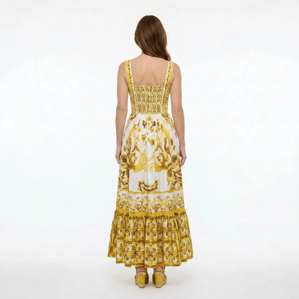 Yellow Majolica print cotton bustier maxi dress