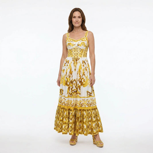 Yellow Majolica print cotton bustier maxi dress