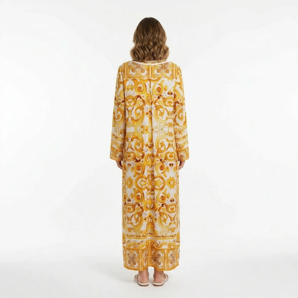 Yellow Majolica Porcelain print maxi Kaftan dress