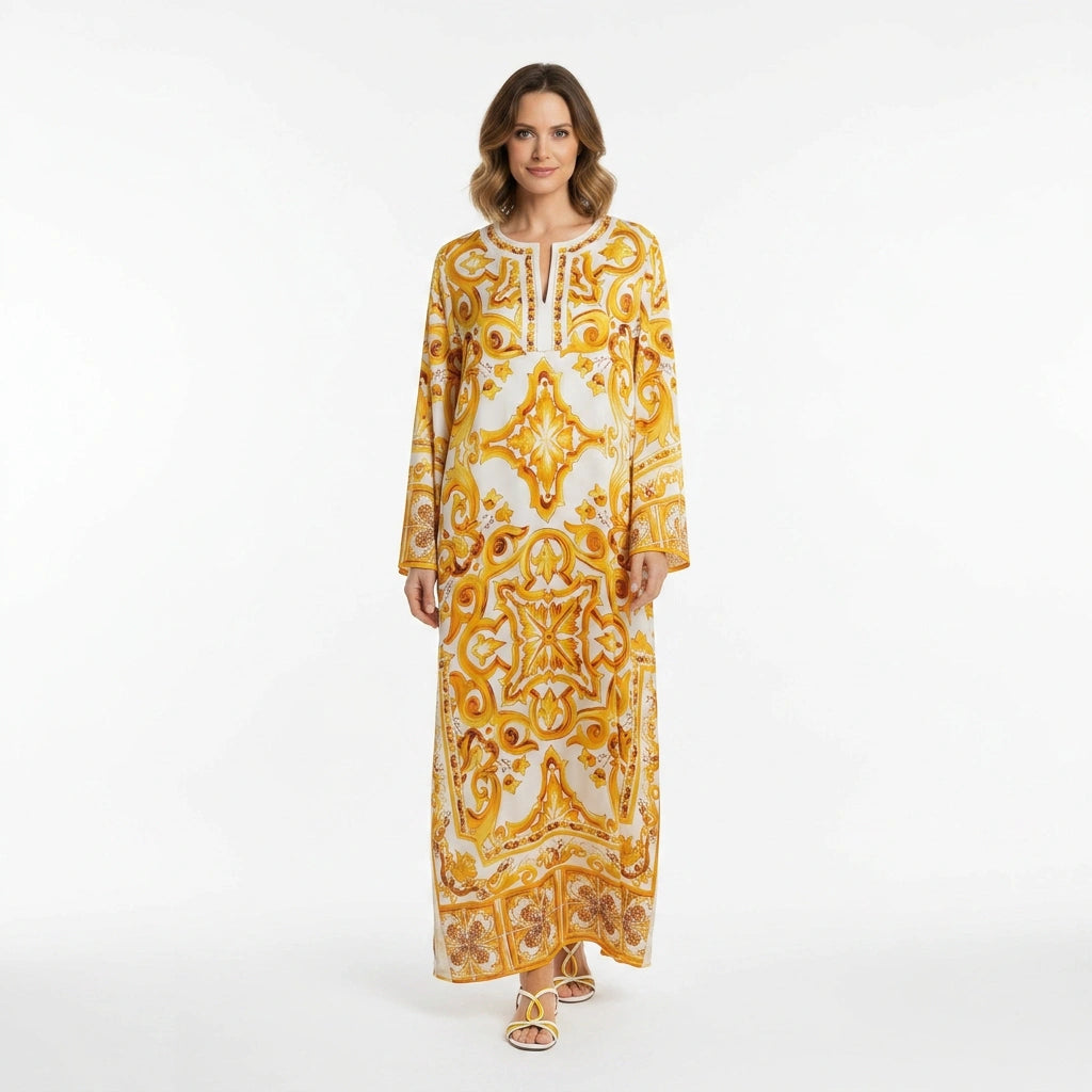 Yellow Majolica Porcelain print maxi Kaftan dress