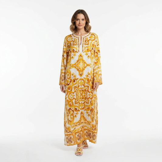 Yellow Majolica Porcelain print maxi Kaftan dress