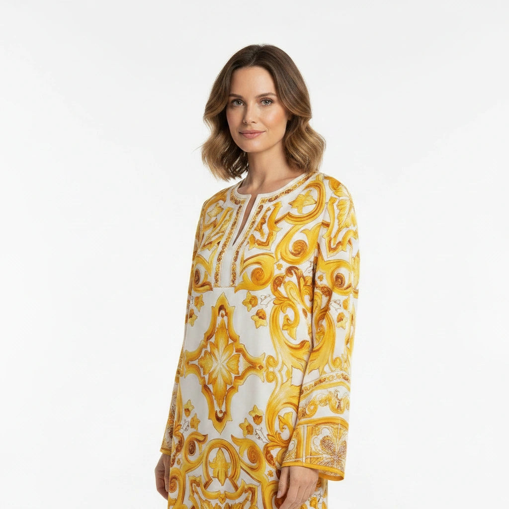 Yellow Majolica Porcelain print maxi Kaftan dress