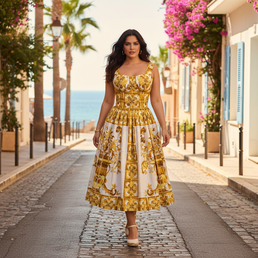 Woman in a yellow and white patterned dress walking on a sunlit street with palm trees and buildings.