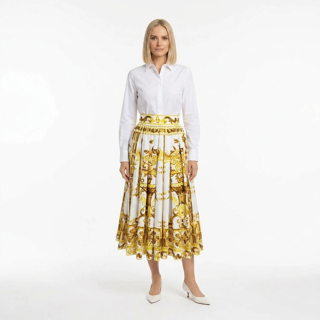 Yellow Majolica porcelain print 100% cotton midi skirt