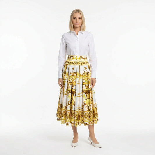 Yellow Majolica porcelain print 100% cotton midi skirt