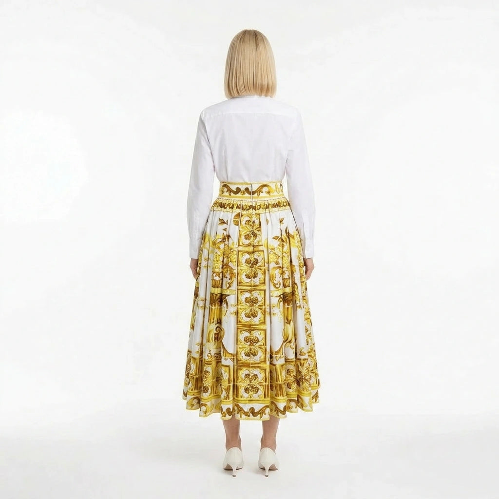 Yellow Majolica porcelain print 100% cotton midi skirt