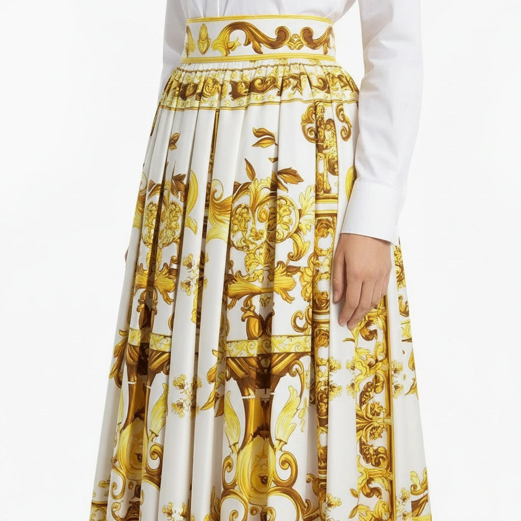 Yellow Majolica porcelain print 100% cotton midi skirt