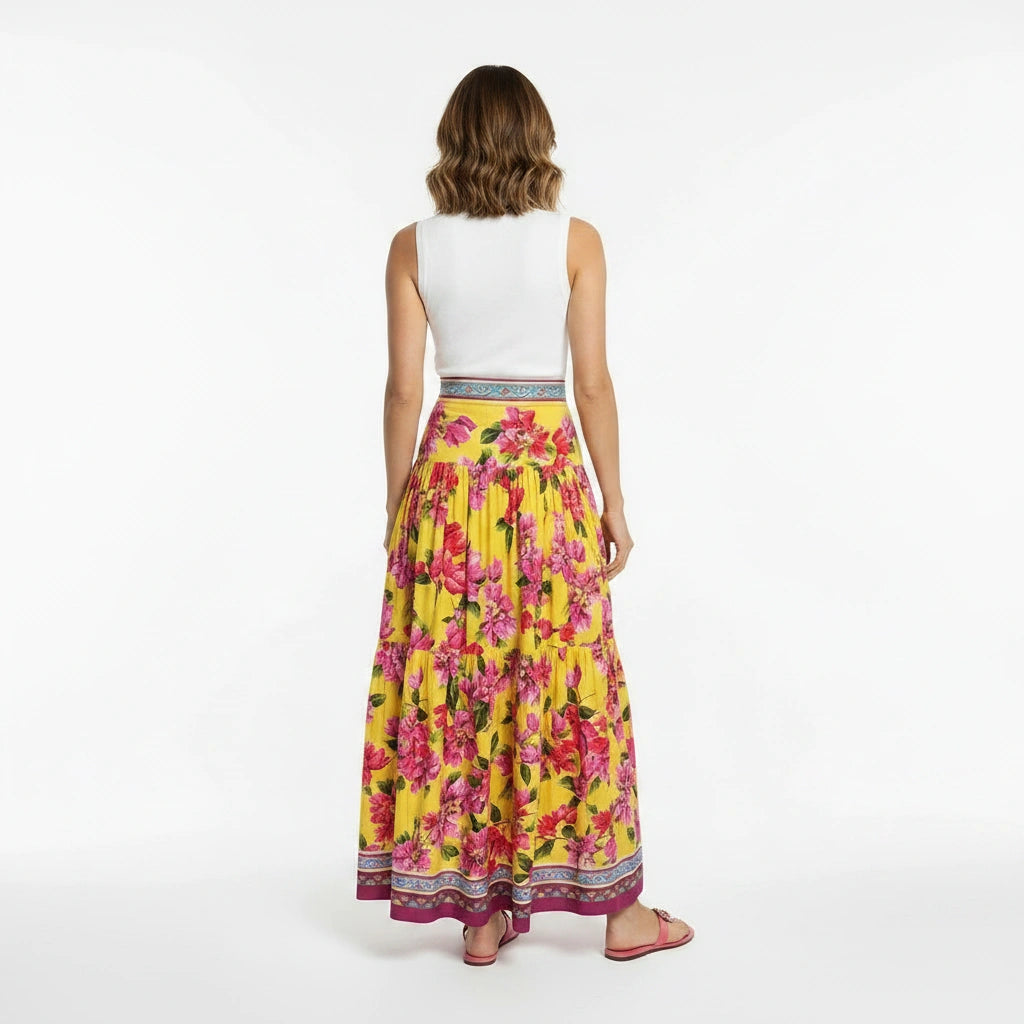 Yellow Floral Cotton Maxi Skirt