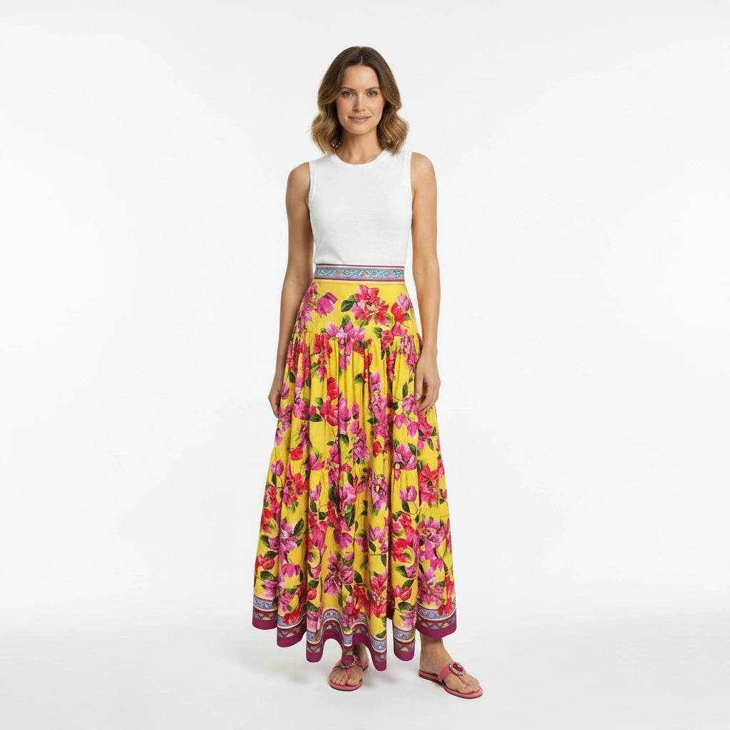 Yellow Floral Cotton Maxi Skirt