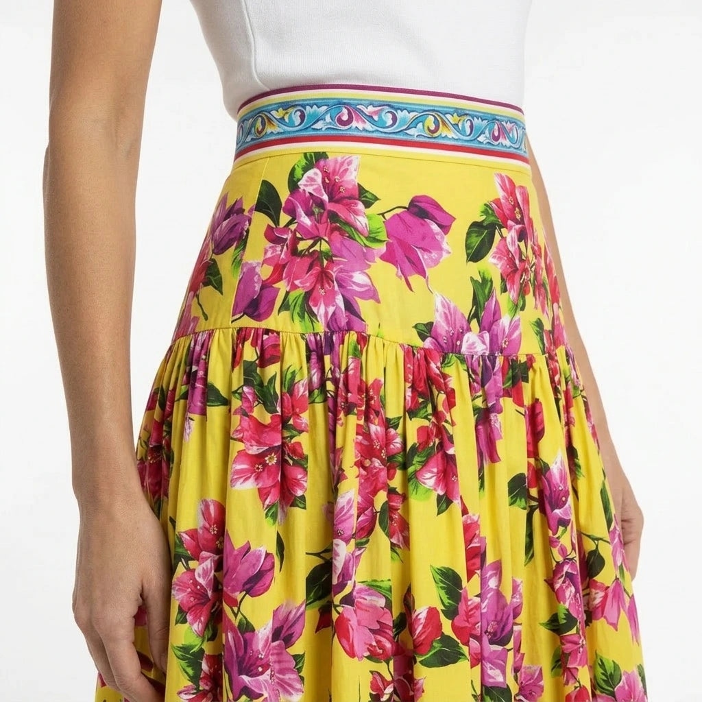 Yellow Floral Cotton Maxi Skirt