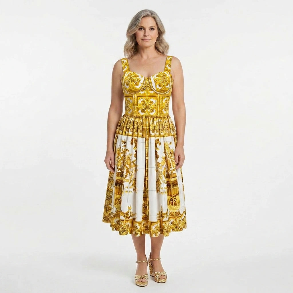 Yellow Majolica Cotton Midi Dress with Padded Cups