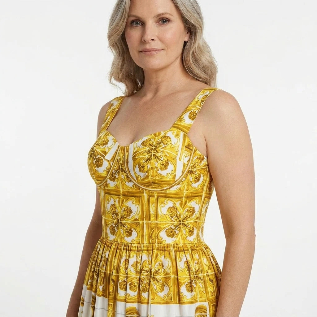 Yellow Majolica Cotton Midi Dress with Padded Cups