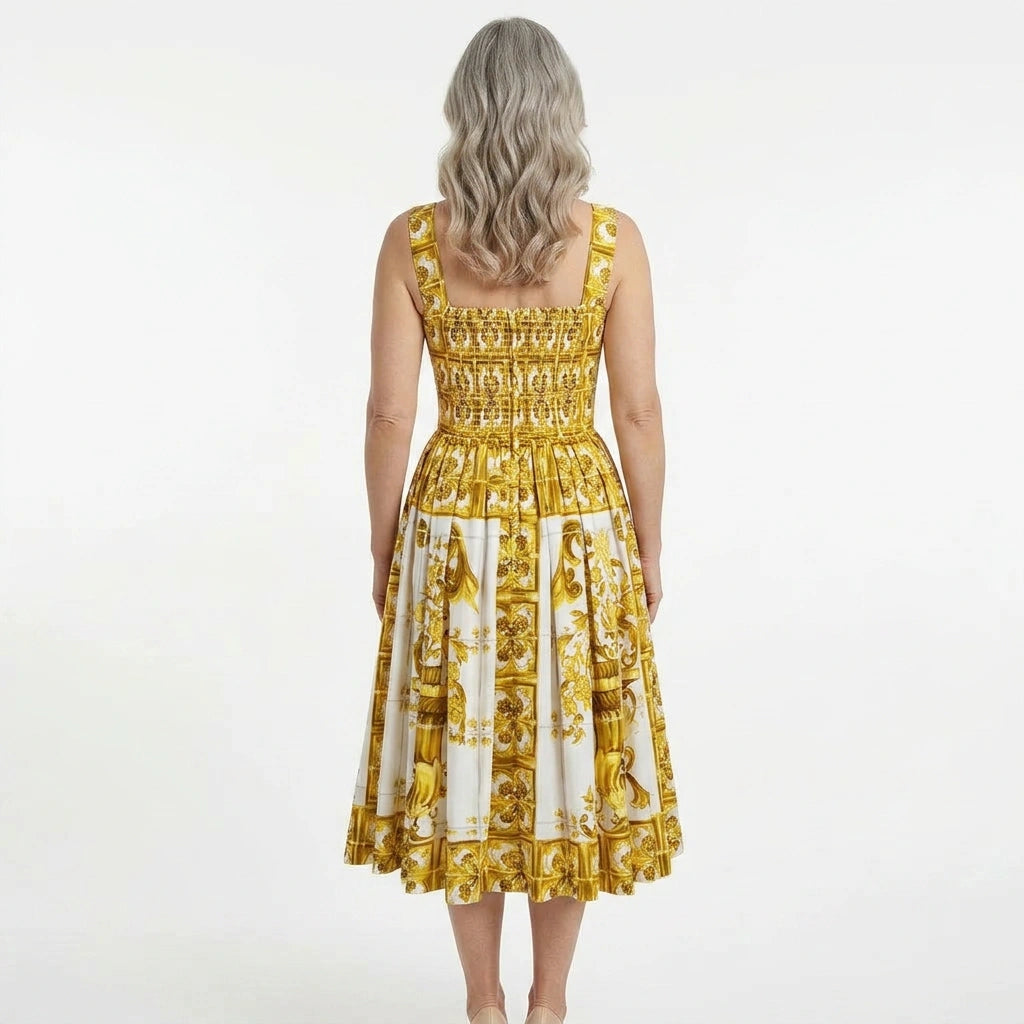Yellow Majolica Cotton Midi Dress with Padded Cups