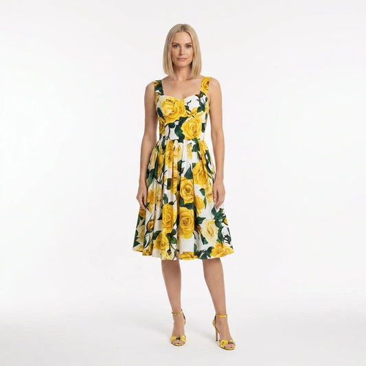 Yellow Roses print push up 100% cotton knee length dress