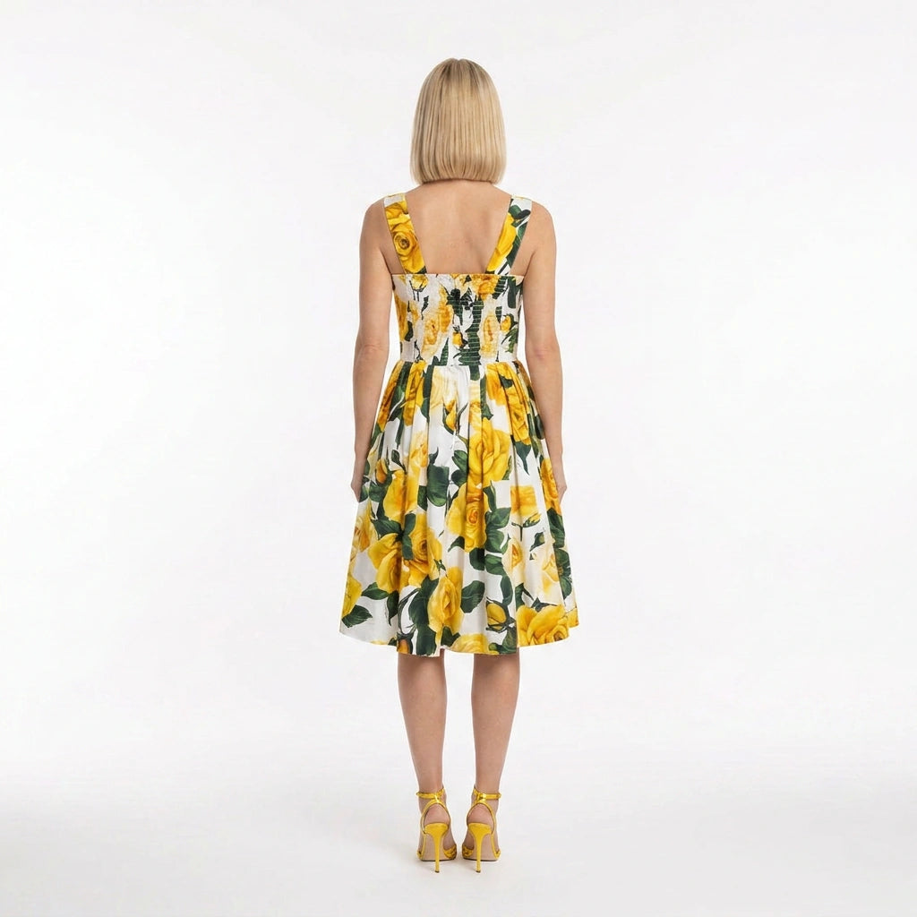 Vestido push up hasta la rodilla 100% algodón estampado rosas amarillas