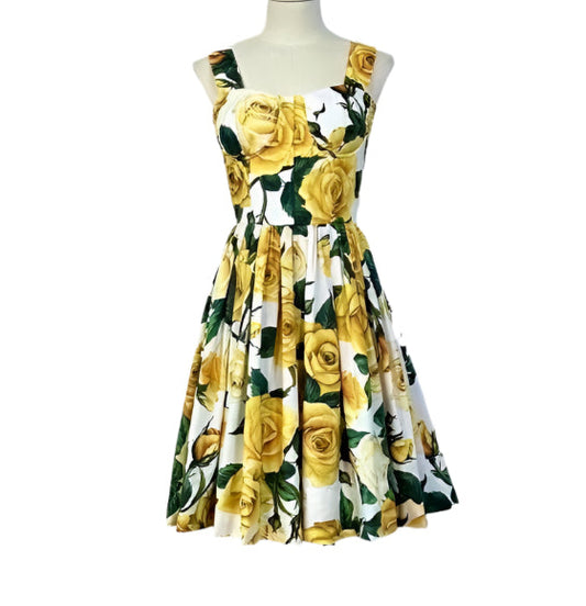 yellow roses floral print summer mini dress on manequin